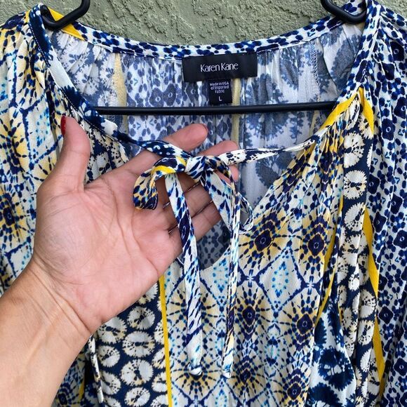 NWT KAREN KANE Blue/Yellow/White Riviera Boho Peasant 100% Cotton Top Large - Picture 5 of 13